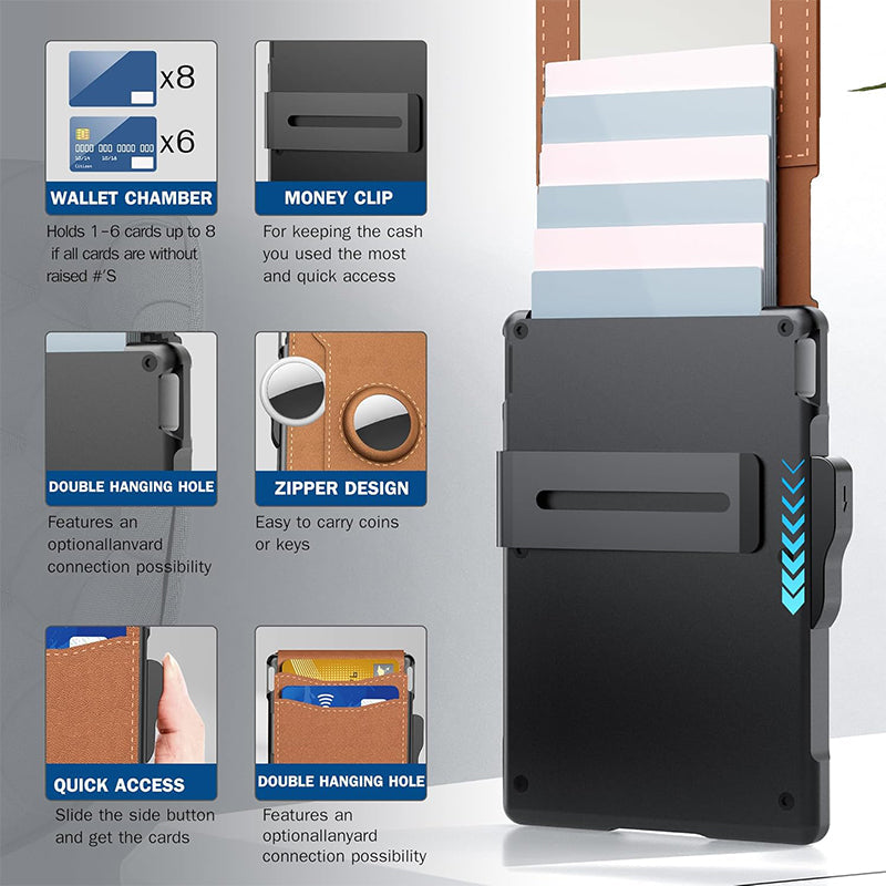 Portafoglio uomo con porta carte pop-up in alluminio e clip per banconote in pelle – protezione RFID