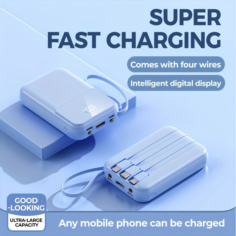 Power bank portatile 10.000 mAh con ricarica rapida e cavi integrati