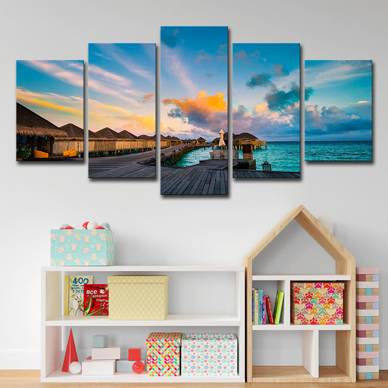 Quadro su tela multipannello tramonto alle Maldive – stampa tropicale blu per parete