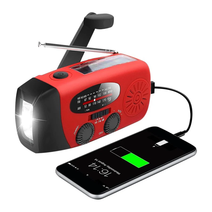 Radio di emergenza a manovella con ricarica solare | Bande AM/FM, torcia e allarme SOS | Power bank USB da 1200 mAh