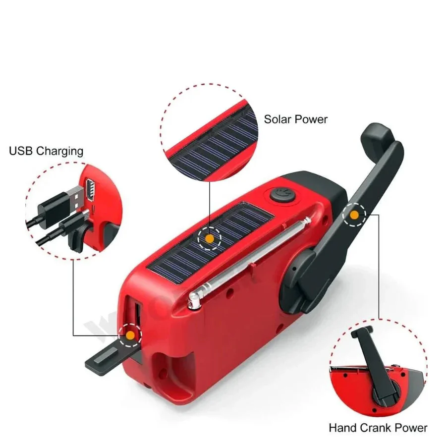 Radio di emergenza a manovella con ricarica solare | Bande AM/FM, torcia e allarme SOS | Power bank USB da 1200 mAh