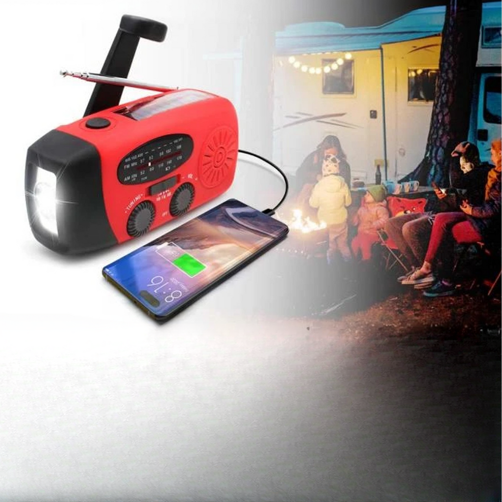 Radio di emergenza a manovella con ricarica solare | Bande AM/FM, torcia e allarme SOS | Power bank USB da 1200 mAh