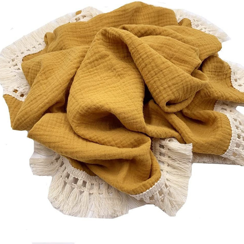 Sciarpa boho con frange e dettagli crochet