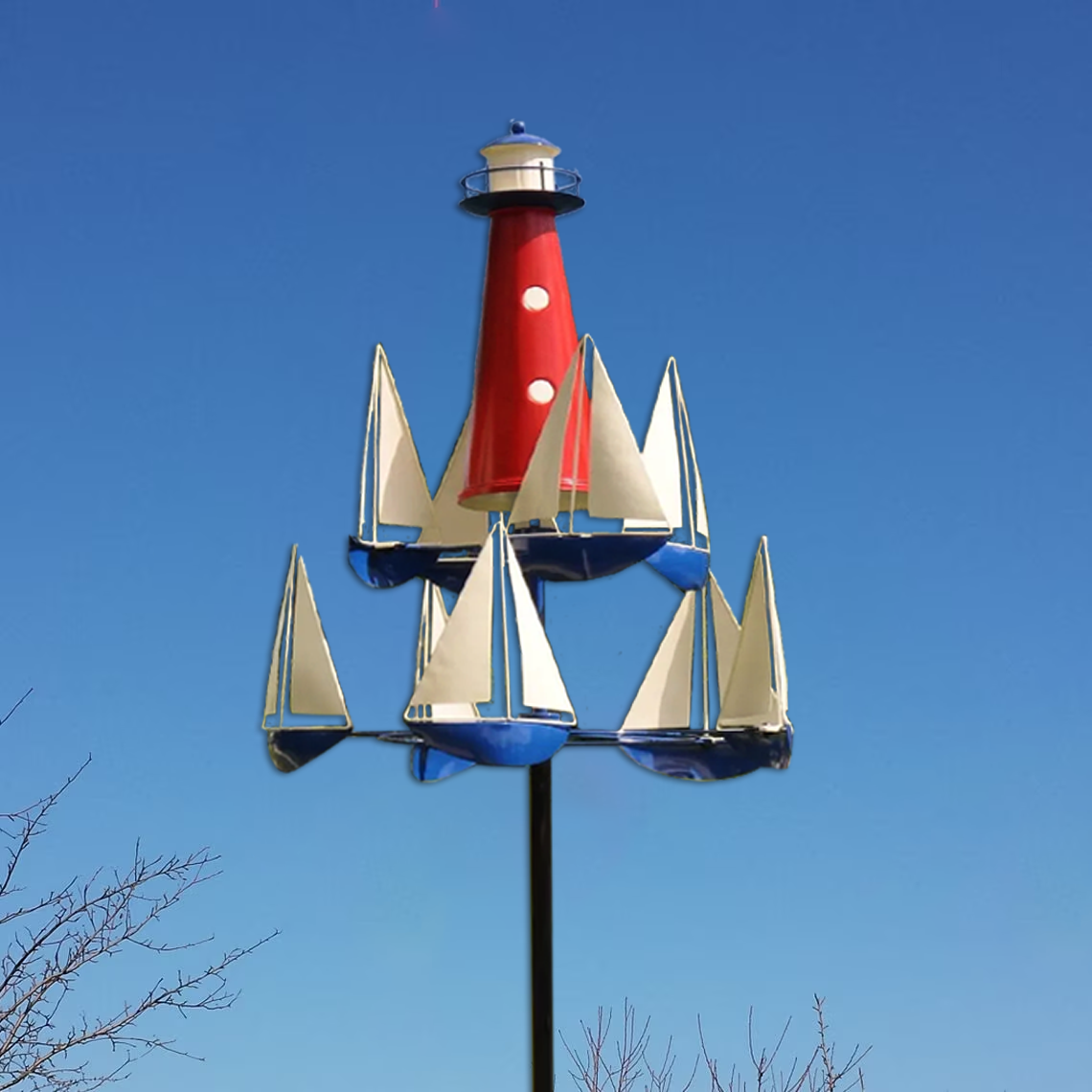 Scultura eolica cinetica con barca e faro | Metallo massiccio