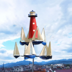 Scultura eolica cinetica con barca e faro | Metallo massiccio