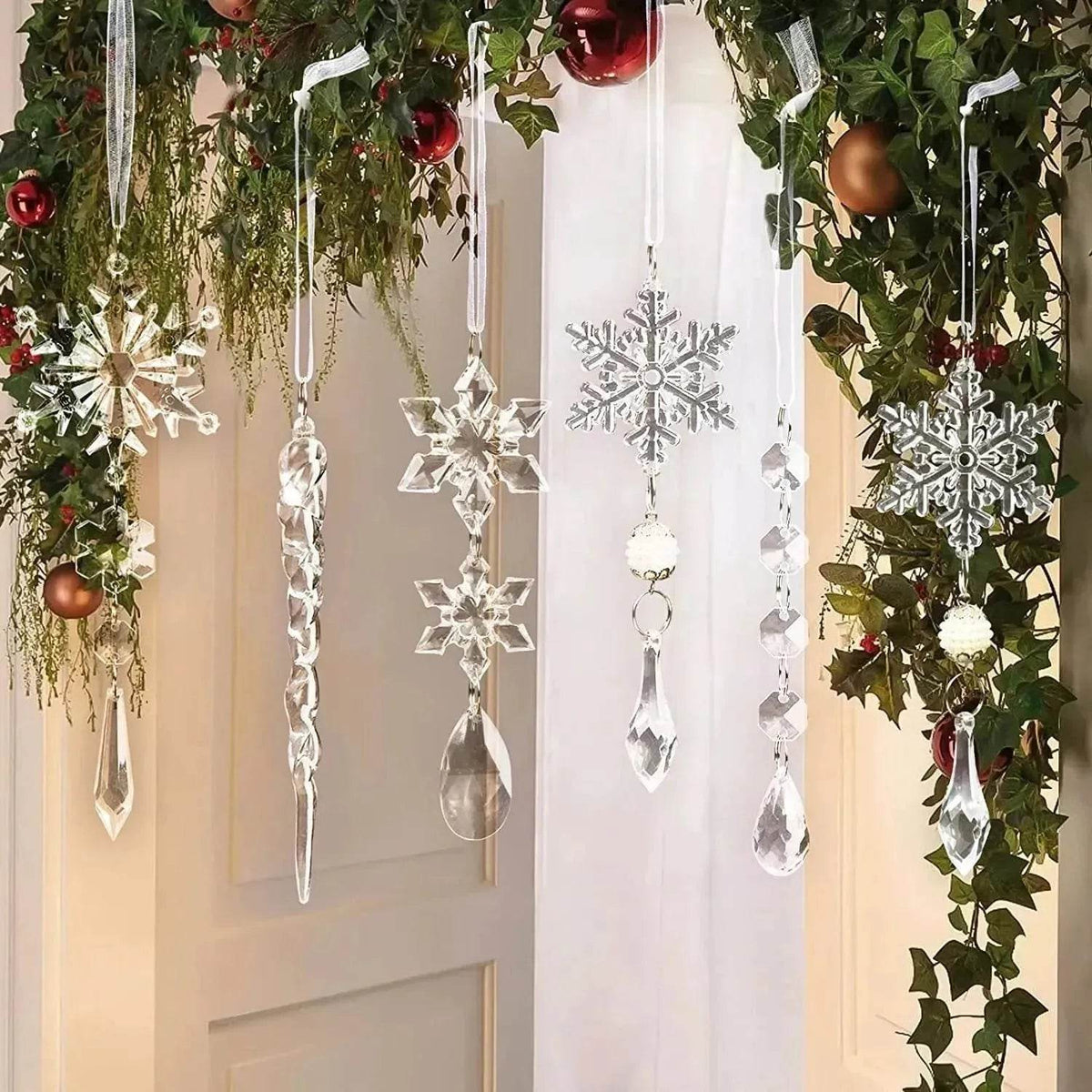 Set 10 pendenti natalizi a ghiacciolo in acrilico trasparente per albero di Natale