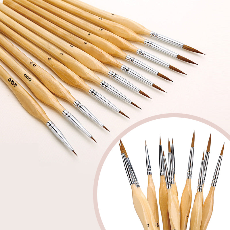 Set 11 pennelli di precisione per miniature con manico in legno naturale