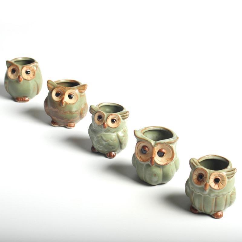 Set 5 vasi in ceramica con gufi decorativi