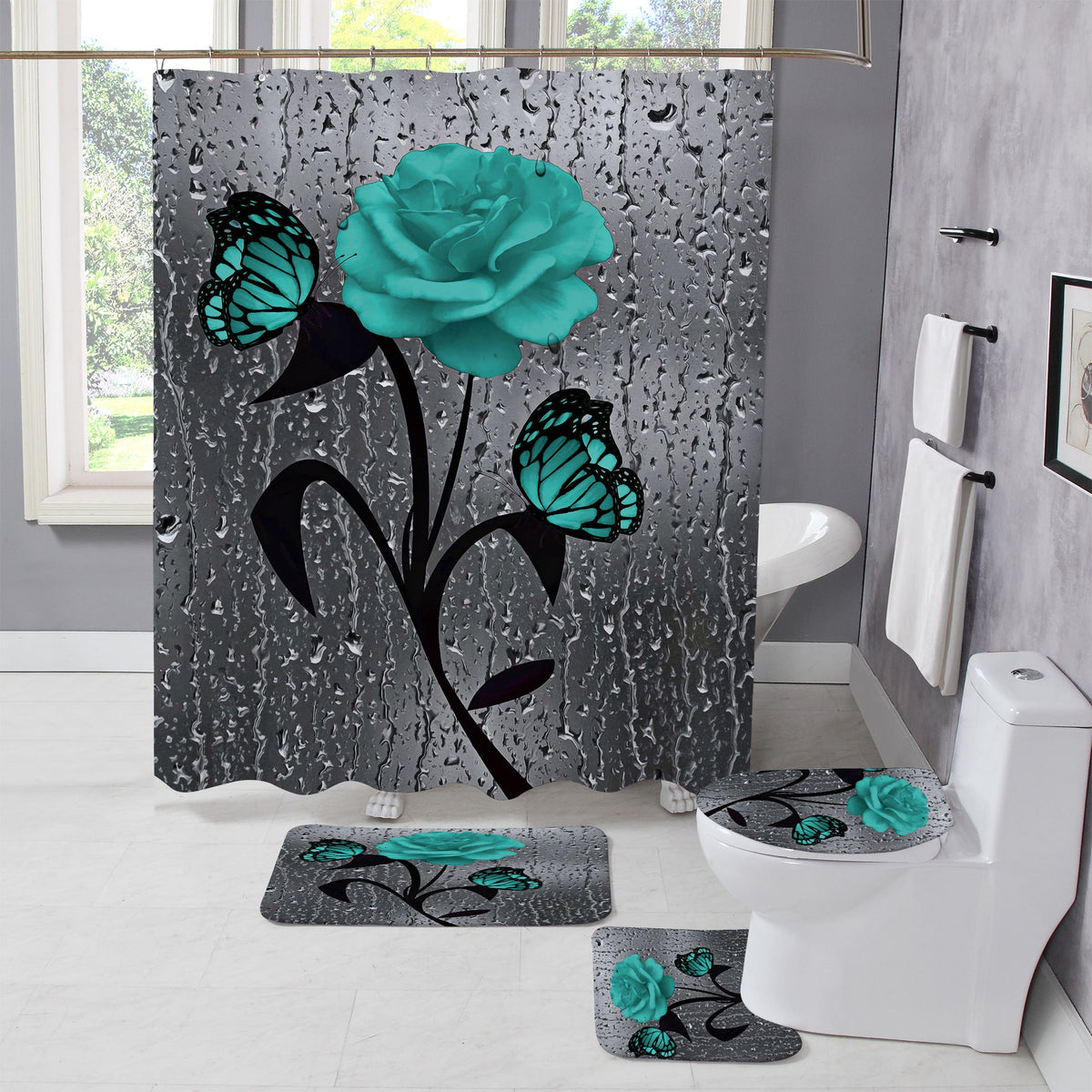 Set coordinato bagno con tenda doccia e tappetini