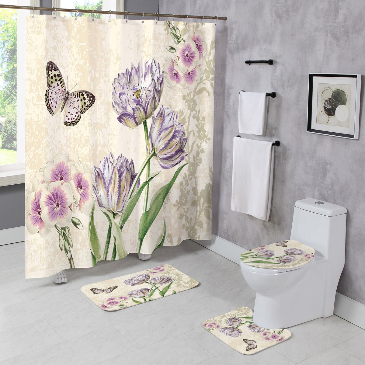 Set coordinato bagno con tenda doccia e tappetini