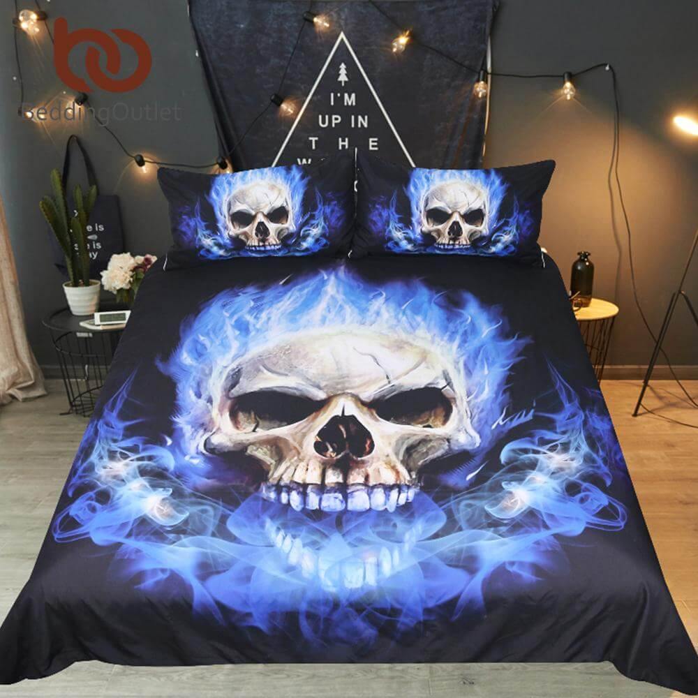 Set copripiumino 3 pezzi con stampa 3D fiamme gotiche blu