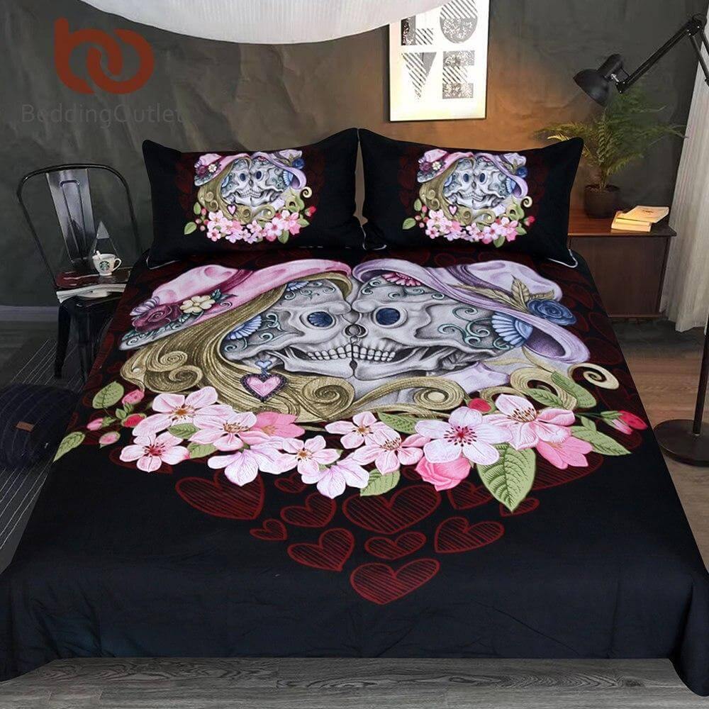 Set copripiumino con teschi gothic rosa per coppia – 3 pezzi