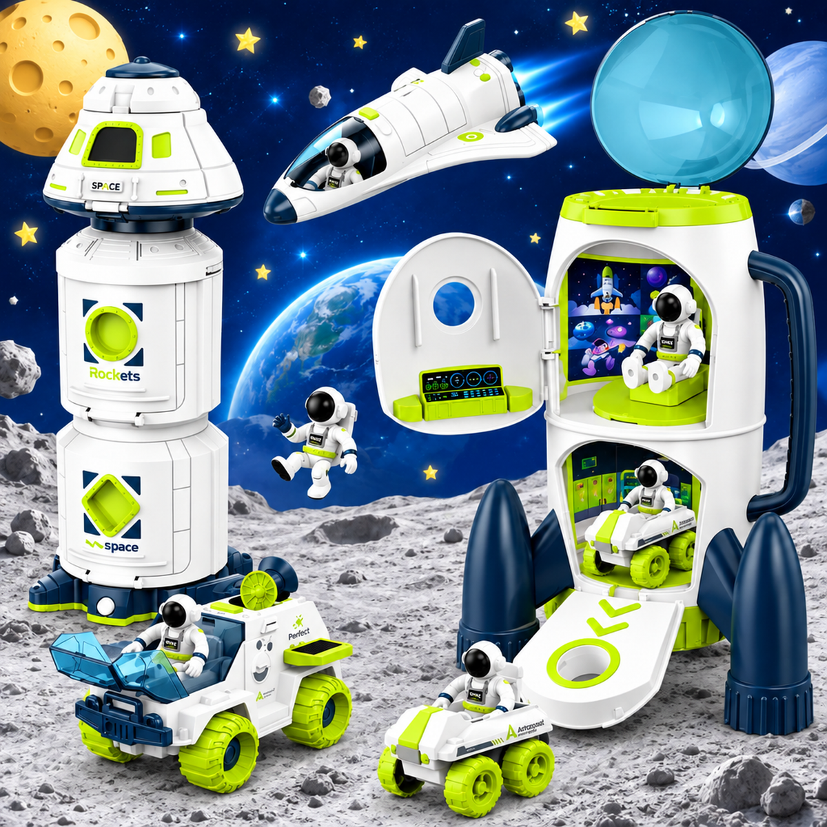 Set da gioco missione spaziale - razzo, shuttle, stazione spaziale e astronauti