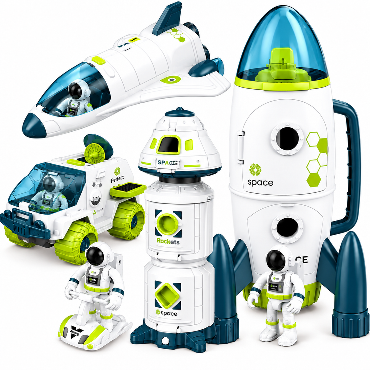 Set da gioco missione spaziale - razzo, shuttle, stazione spaziale e astronauti