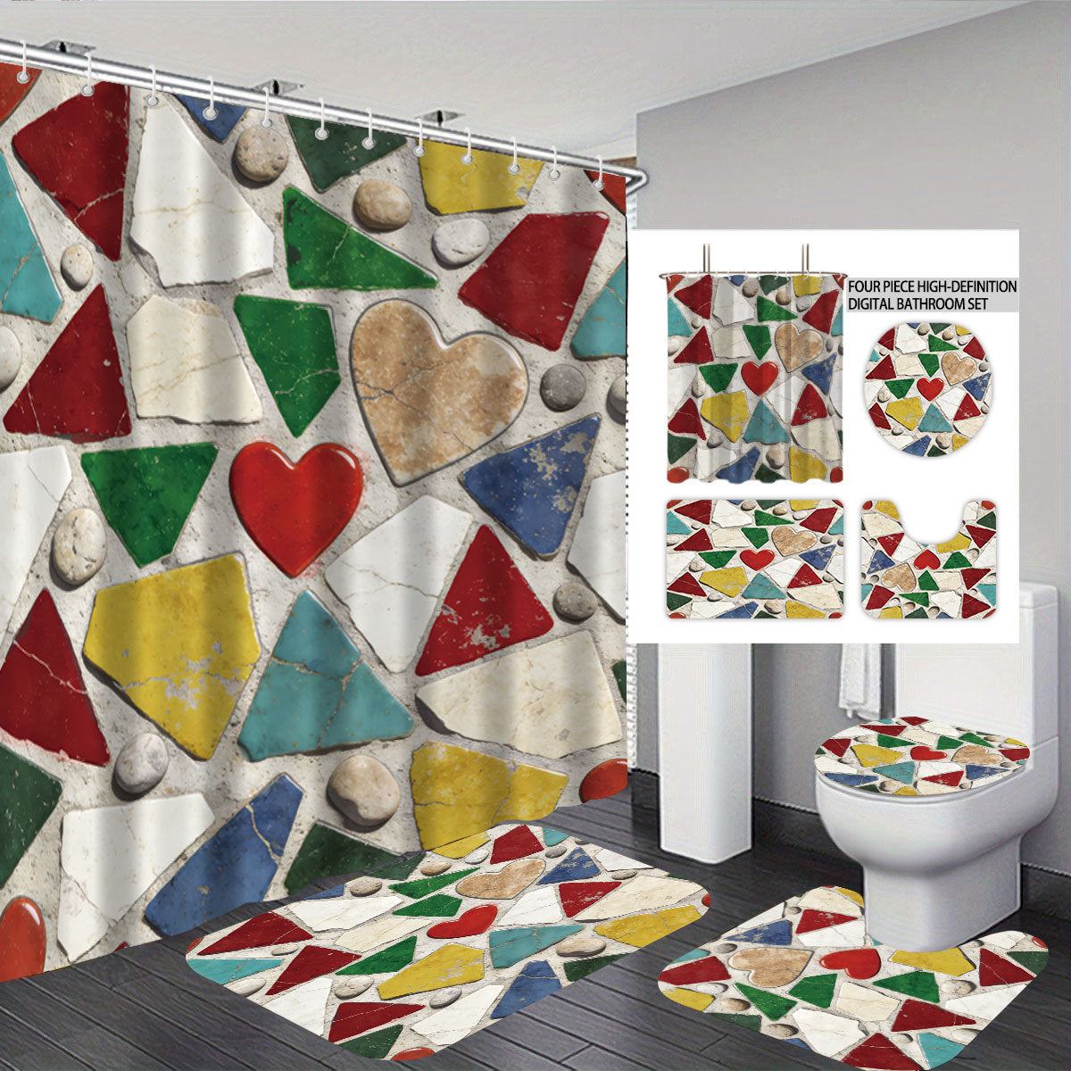 Set decorativo per bagno con tenda doccia e tappetini