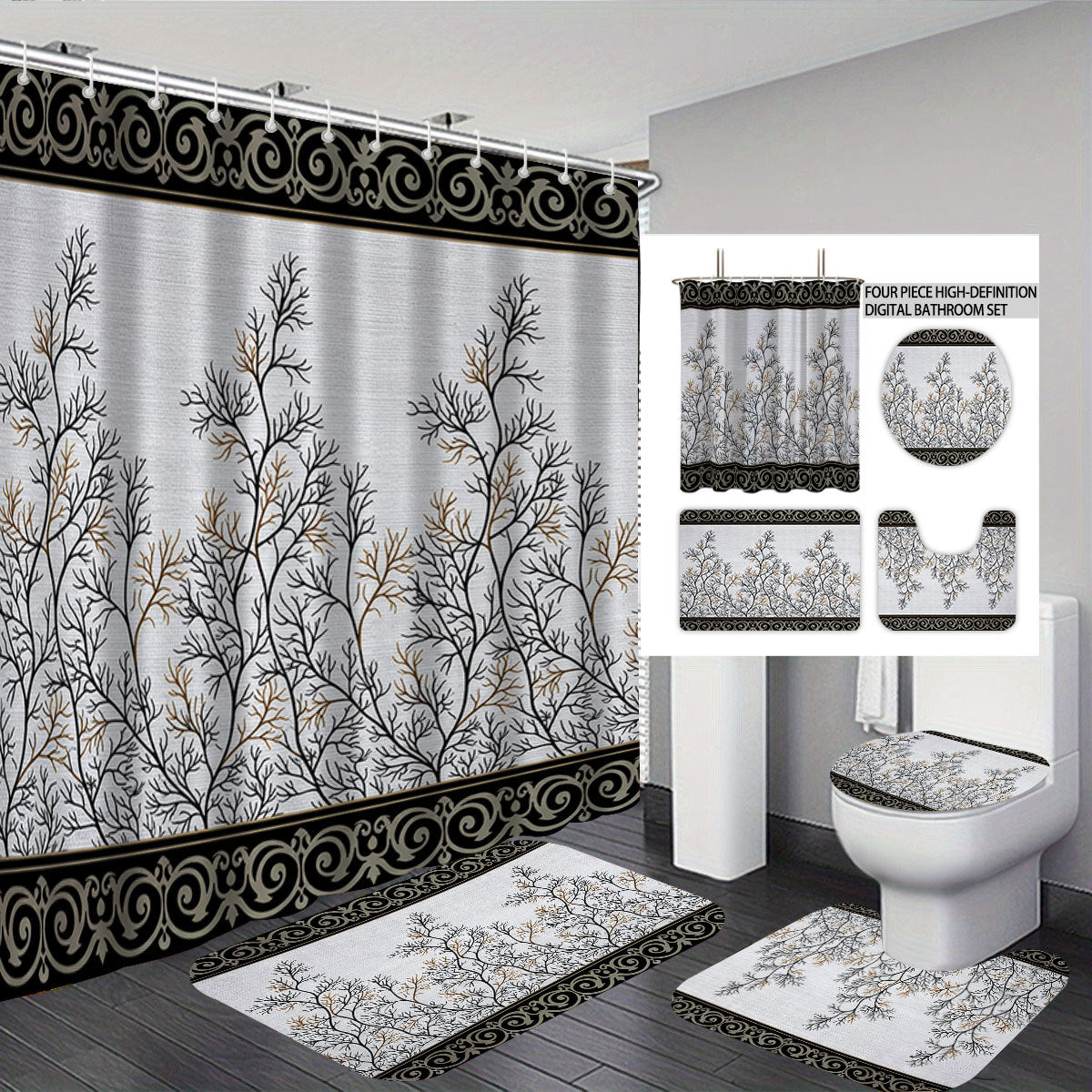 Set decorativo per bagno con tenda doccia e tappetini