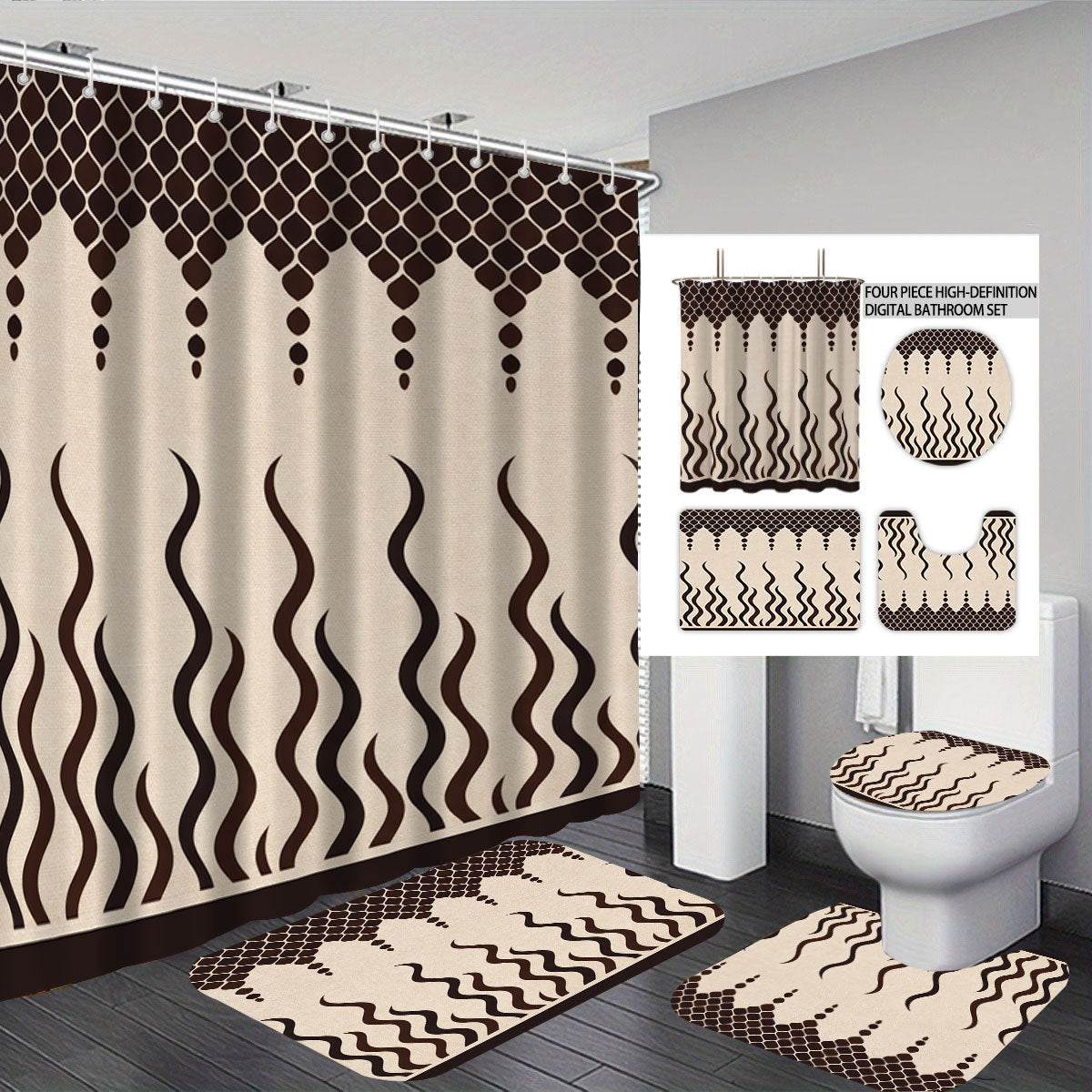 Set decorativo per bagno con tenda doccia e tappetini
