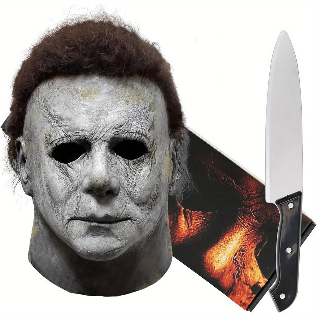 Set maschera horror realistica da uomo con coltello finto per Halloween