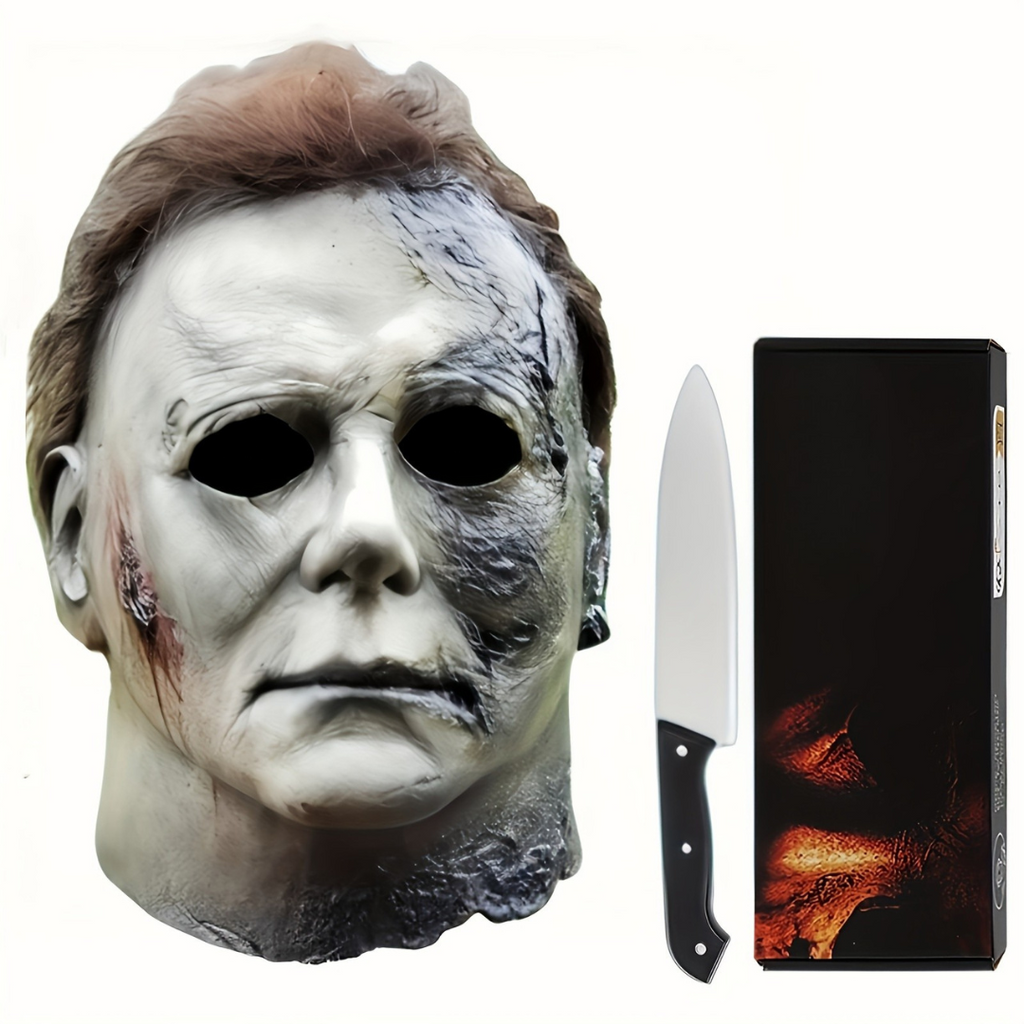 Set maschera horror realistica da uomo con coltello finto per Halloween