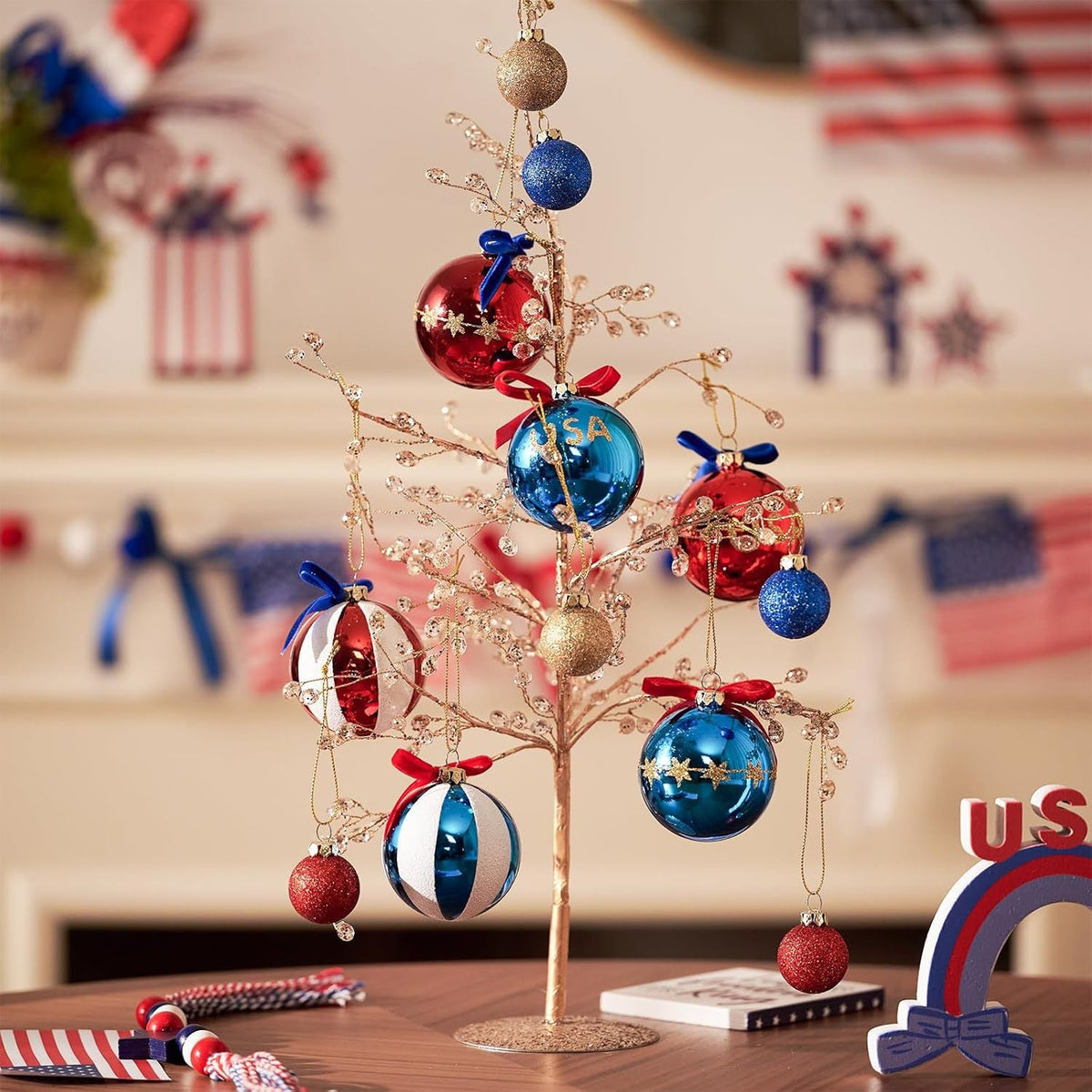 Set di palline natalizie patriottiche con glitter, superfici specchiate e fiocco decorativo