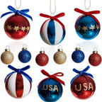 Set di palline natalizie patriottiche con glitter, superfici specchiate e fiocco decorativo