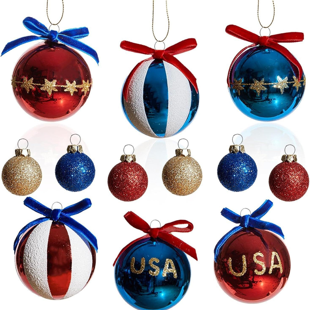 Set di palline natalizie patriottiche con glitter, superfici specchiate e fiocco decorativo