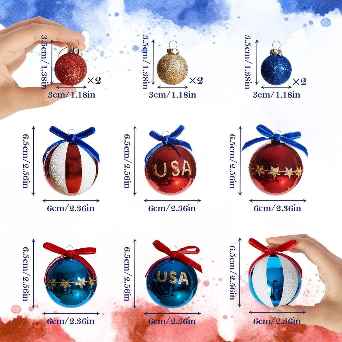 Set di palline natalizie patriottiche con glitter, superfici specchiate e fiocco decorativo