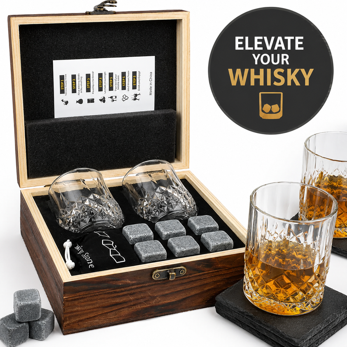 Set regalo bicchieri whisky in cristallo molato con pietre refrigeranti riutilizzabili e scatola in legno