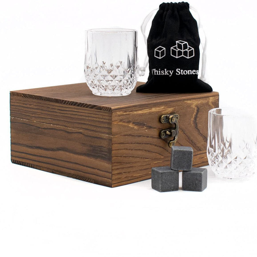 Set regalo bicchieri whisky in cristallo molato con pietre refrigeranti riutilizzabili e scatola in legno