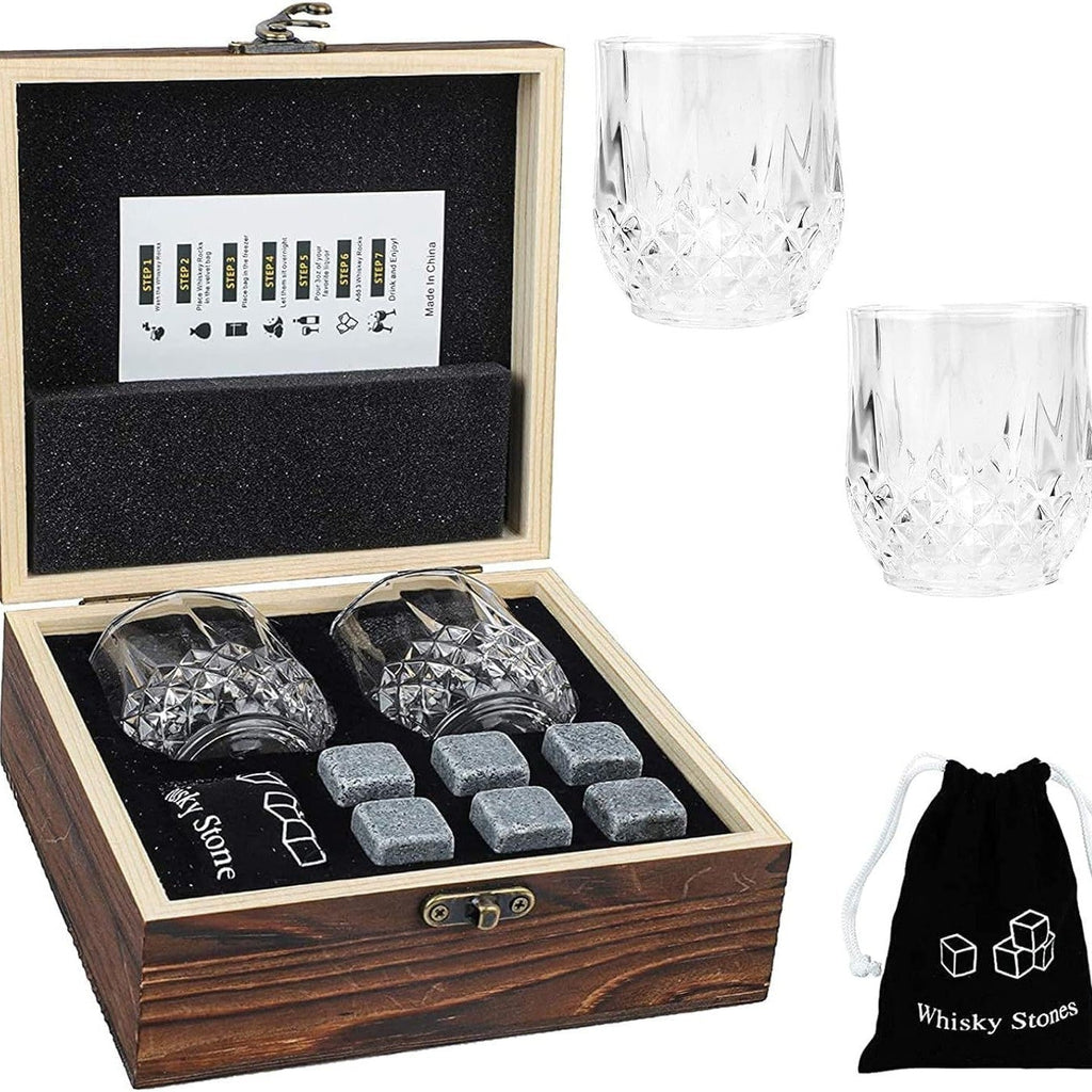 Set regalo bicchieri whisky in cristallo molato con pietre refrigeranti riutilizzabili e scatola in legno