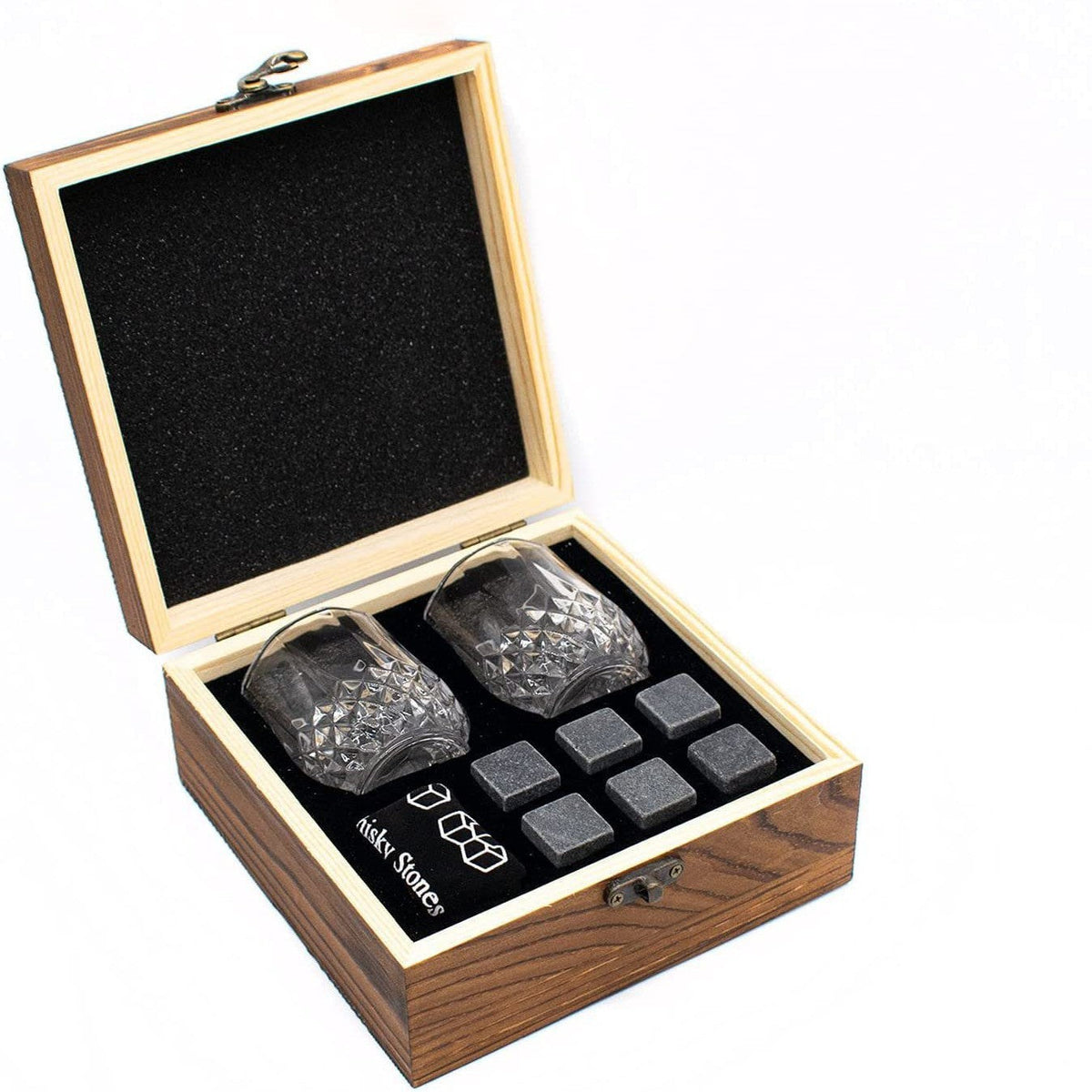 Set regalo bicchieri whisky in cristallo molato con pietre refrigeranti riutilizzabili e scatola in legno