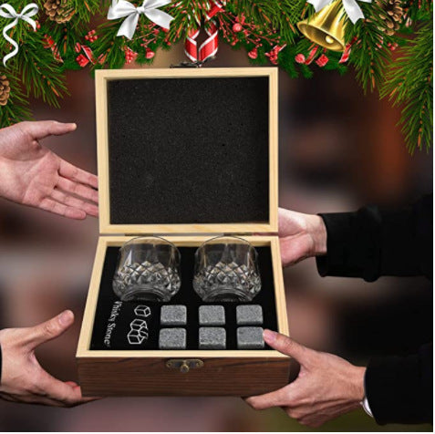 Set regalo bicchieri whisky in cristallo molato con pietre refrigeranti riutilizzabili e scatola in legno