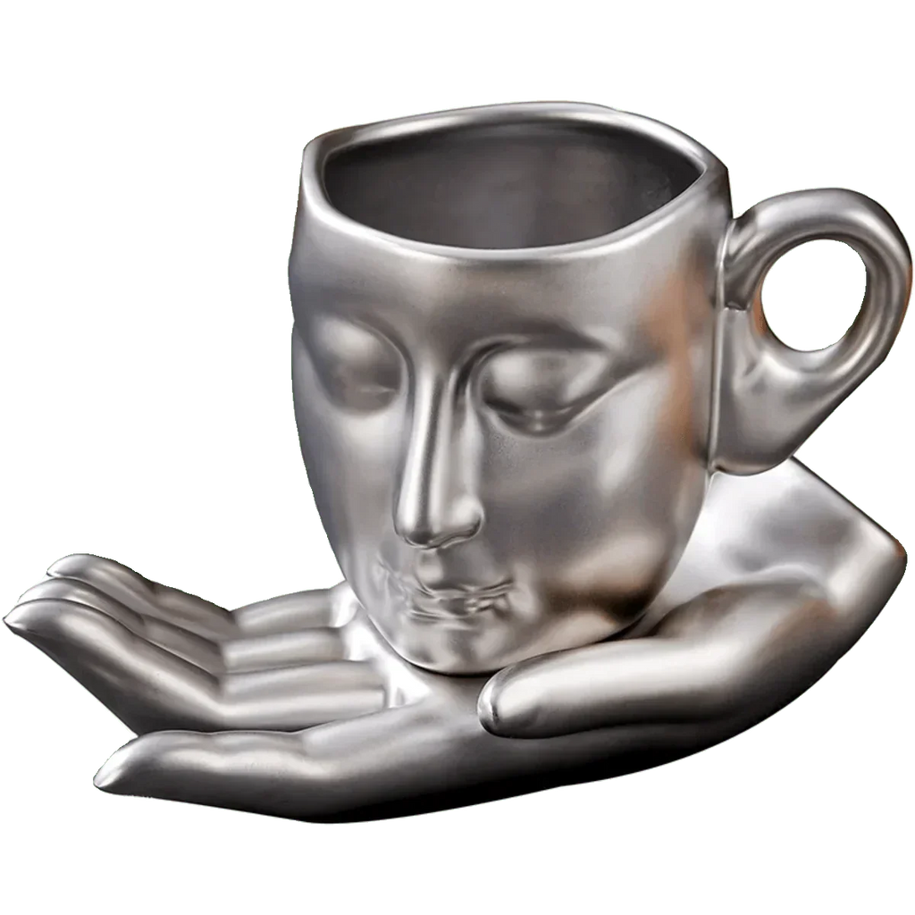 Set tazza da caffè con vassoio e cucchiaino – forma viso minimalista