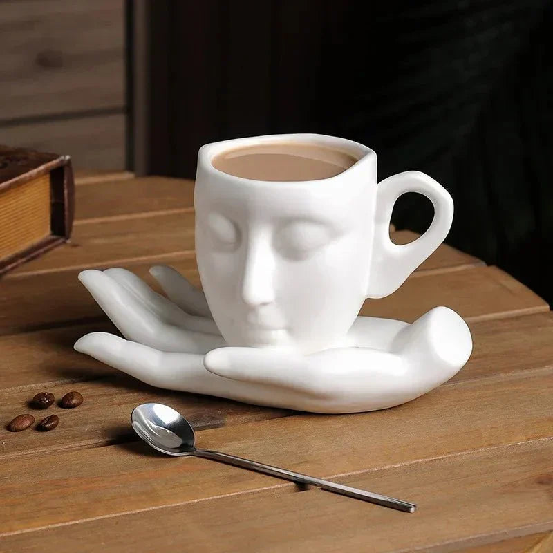 Set tazza da caffè con vassoio e cucchiaino – forma viso minimalista