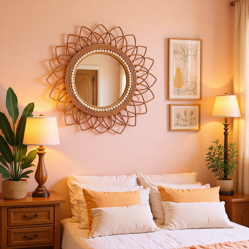 Specchio da parete decorativo con cornice in rattan