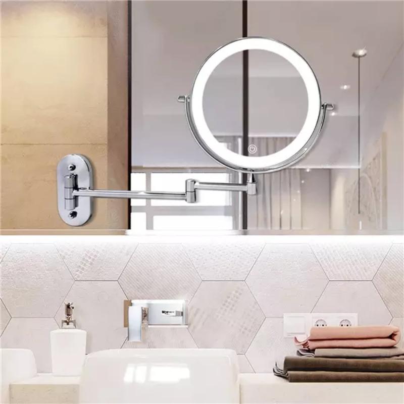 Specchio da parete LED con cornice cromata e ingrandimento