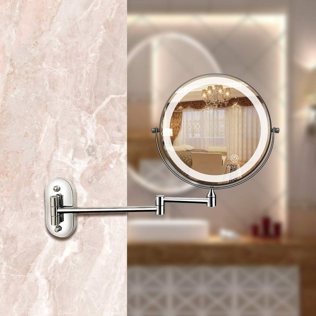 Specchio da parete LED con cornice cromata e ingrandimento