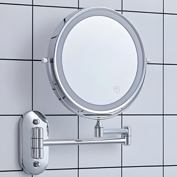 Specchio da parete LED con cornice cromata e ingrandimento