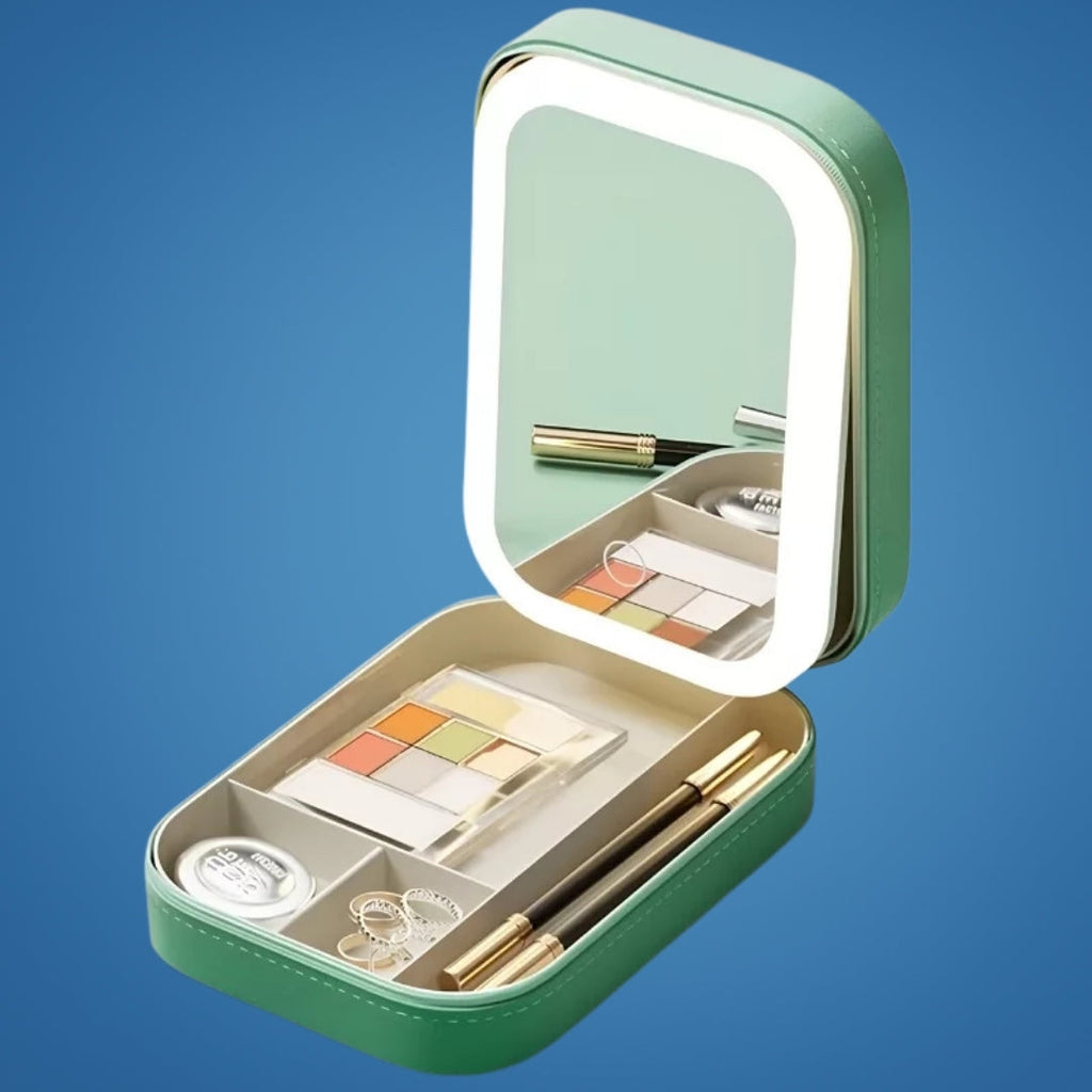 Specchio LED con organizer trucchi – angolo regolabile e illuminazione perfetta