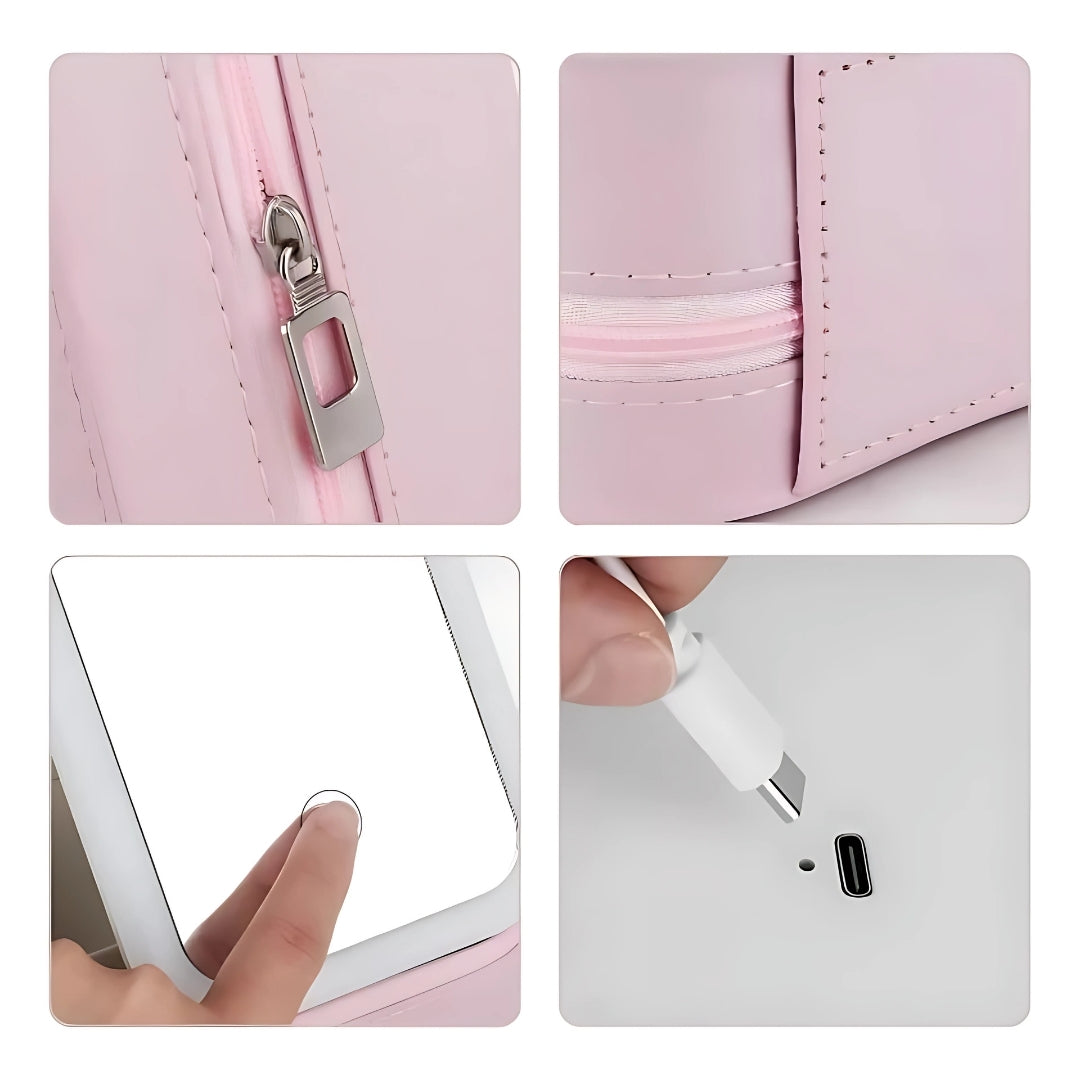 Specchio LED con organizer trucchi – angolo regolabile e illuminazione perfetta