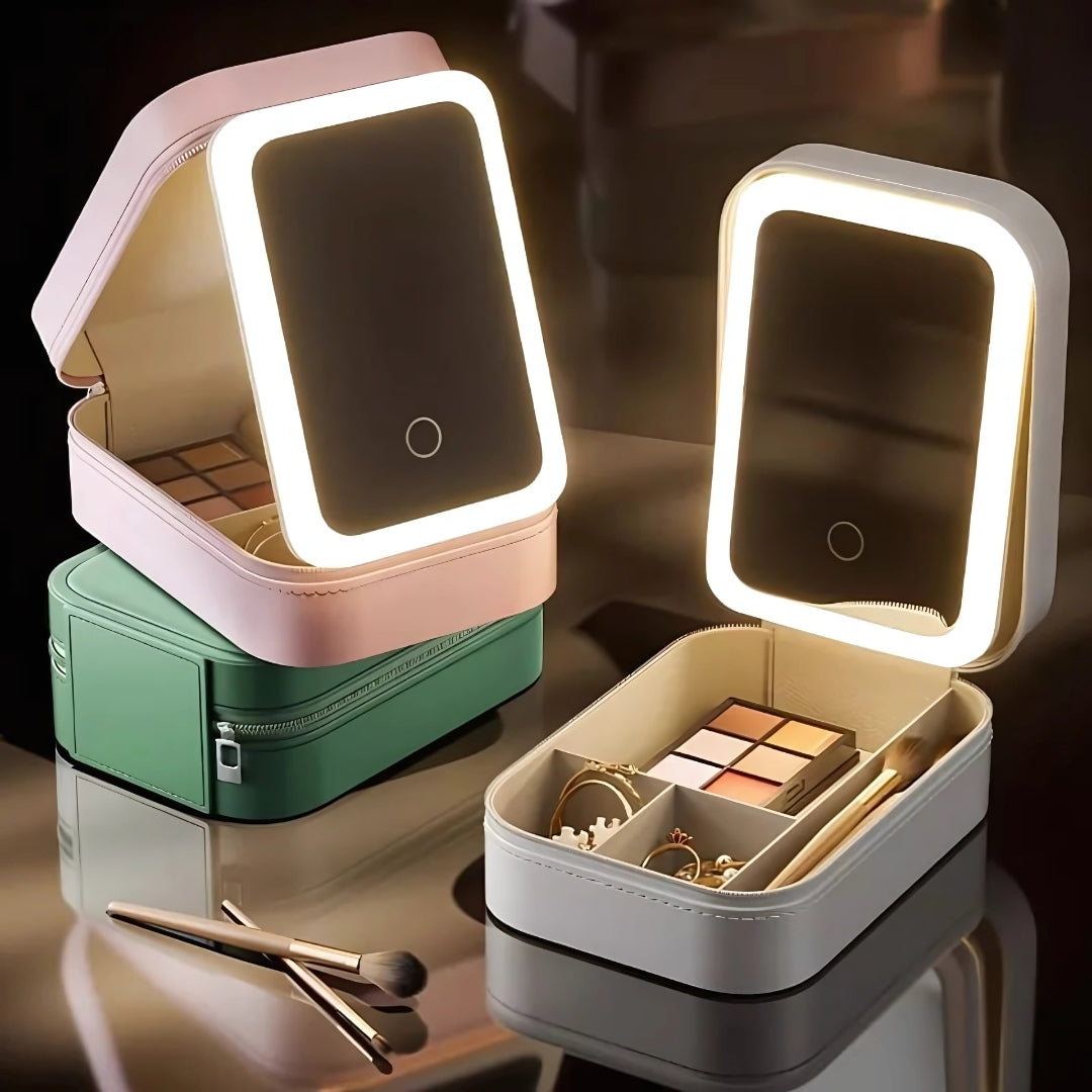 Specchio LED con organizer trucchi – angolo regolabile e illuminazione perfetta