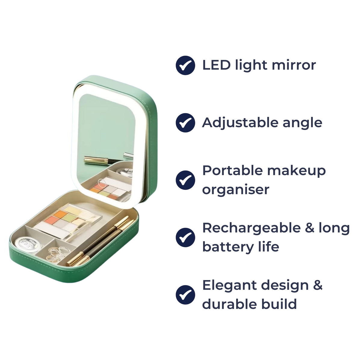 Specchio LED con organizer trucchi – angolo regolabile e illuminazione perfetta