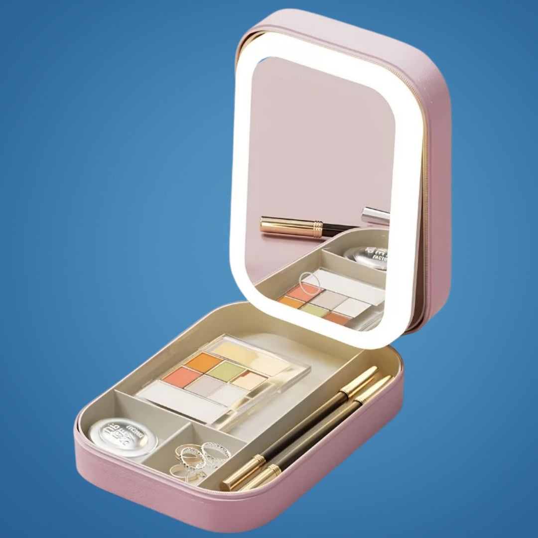 Specchio LED con organizer trucchi – angolo regolabile e illuminazione perfetta