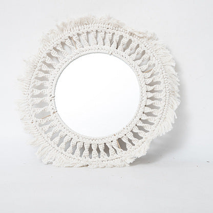 Specchio rotondo da parete con cornice in macramè