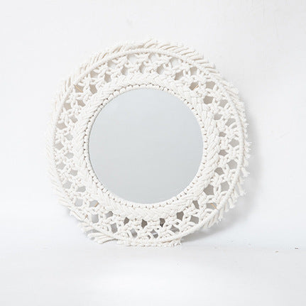 Specchio rotondo da parete con cornice in macramè