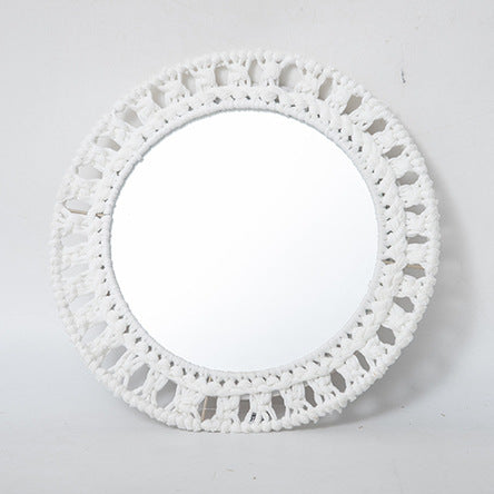 Specchio rotondo da parete con cornice in macramè