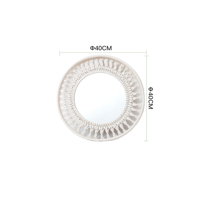Specchio rotondo da parete con cornice in macramè