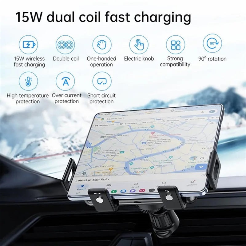 Supporto auto con ricarica wireless a doppia bobina