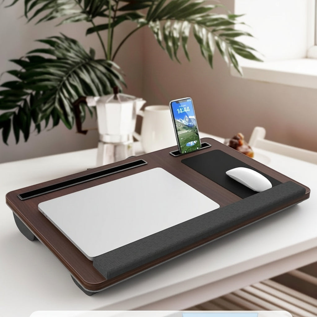 Supporto per laptop regolabile con porta dispositivi, mouse pad e cuscino poggiapolsi