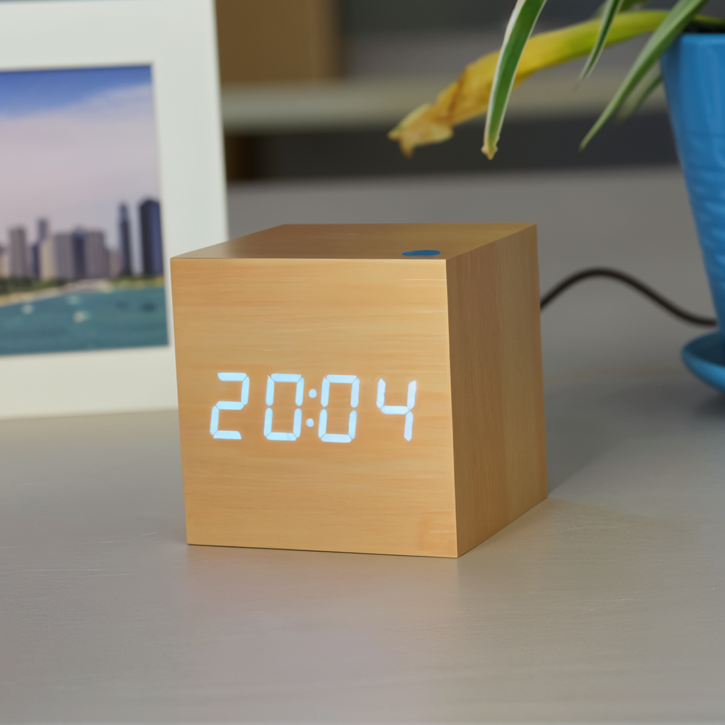 Sveglia LED digitale a cubo in legno